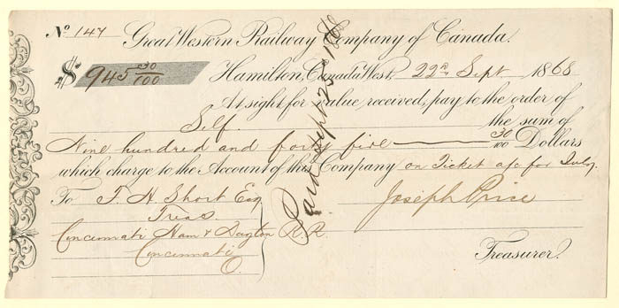 Great Western Railway Co. of Canada - 1868 Dated Check